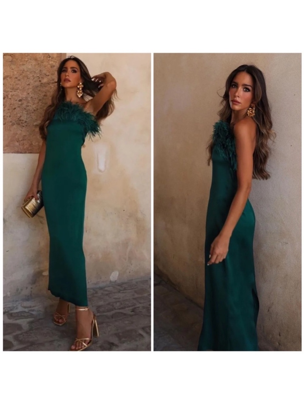 Zara One-Shoulder Feather-Trim Maxi Dress in Emerald Green
